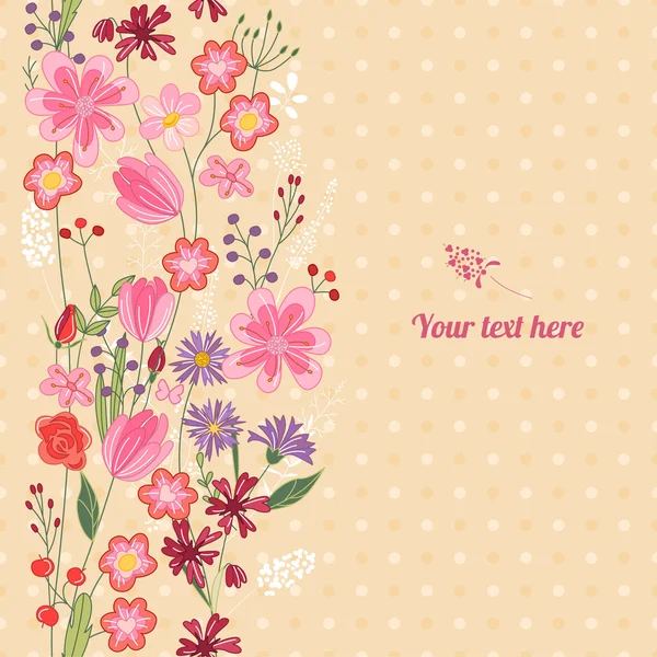 Floral voorjaar sjabloon met schattige trossen van wilde bloemen. Voor romantisch en Pasen design, aankondigingen, wenskaarten, posters, reclame. — Stockvector