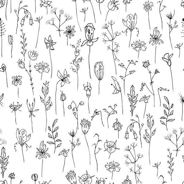 Seamless pattern with stylized herbs and plants.  Black and white silhouette. Endless texture for your design, romantic greeting cards, announcements, fabrics. — Stock Vector