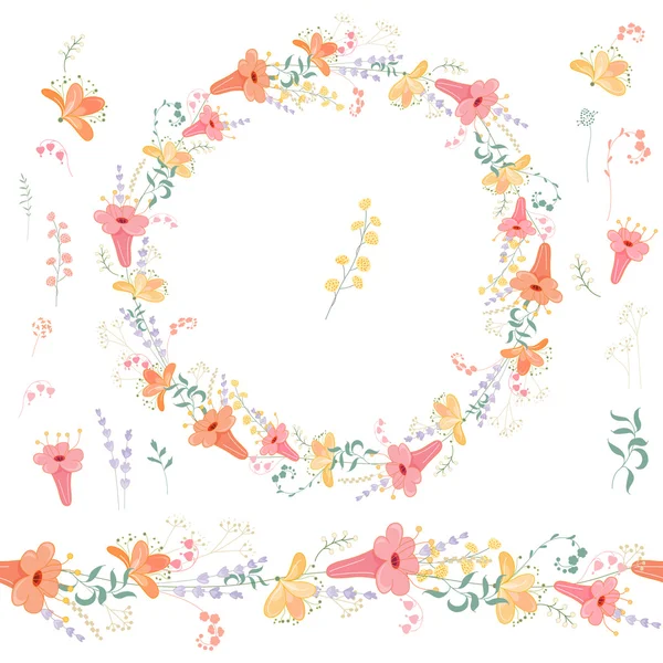 Elementos florales de primavera con lindos racimos de flores de lujo. Cepillos horizontales interminables. Para el diseño romántico y de Pascua, anuncios, tarjetas de felicitación, carteles, publicidad . — Vector de stock