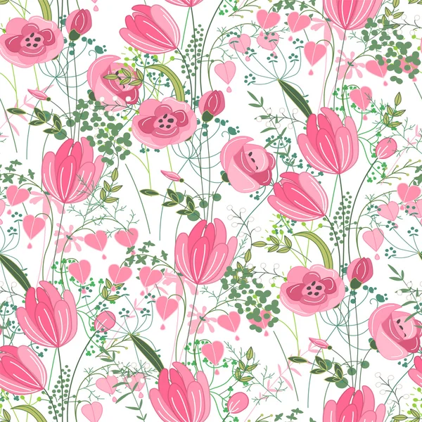 Seamless pattern with stylized cute red tulips.  Endless texture for your design, greeting cards, announcements, posters. — Stock Vector