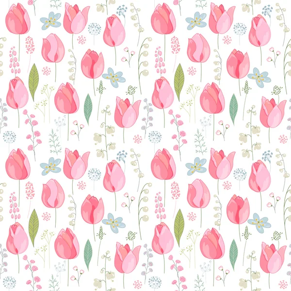 Naadloze bloemmotief met roze tulpen en Lentebloemen. Eindeloze bitmappatroon voor romantische design, decoratie, wenskaarten, affiches, uitnodigingen, advertentie. — Stockvector