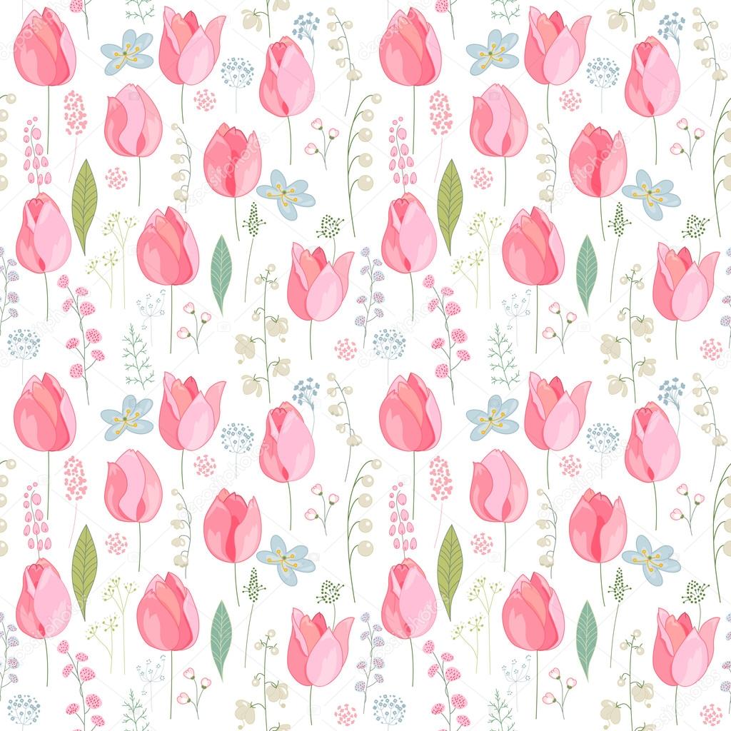 Floral seamless pattern with pink tulips and spring flowers. Endless texture for romantic  design, decoration,  greeting cards, posters,  invitations, advertisement.
