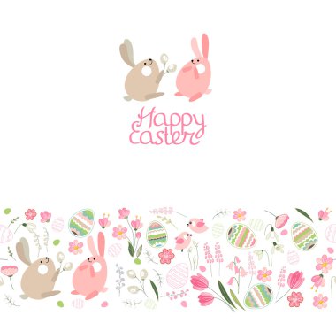 Şenlikli bahar dikişsiz desen fırça. Paskalya sembolleri ile sonsuz yatay sınır. Boyalı yumurtalar, bahar çiçekleri ve tavuklar. Tasarım, tebrik kartları, kumaşlar, duyurular için.