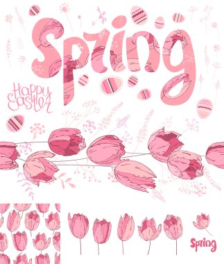 Bahar seti. Çiçekten yapılmış ifade, izole çiçek nesneleri, metin mutlu paskalya, boyalı yumurta, dikişsiz desen fırça. Tasarım için nesneler, şenlikli tebrik kartları, posterler.