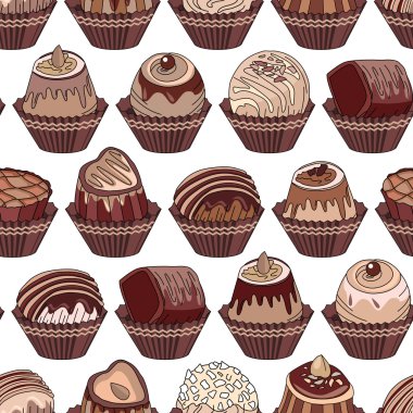 Çikolata şekerleri farklı türleri ile dikişsiz desen. Tasarım, duyurular, kartpostallar, posterler, restoran menüsü için sonsuz doku.