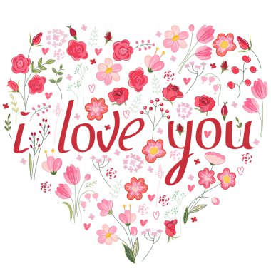 Stilize çiçek ve pembe güller yapılmış kalp şekli. Seni seviyorum ifade. Aşk romantik tasarım, düğün davetiyeleri, reklam için sembolü.