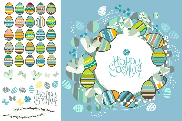 Tarjeta de felicitación de primavera. Frase Feliz Pascua. Flores de primavera, huevos y mariposas. Plantilla para su diseño, tarjetas de felicitación festivas, anuncios, carteles . — Vector de stock