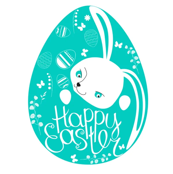 Frühlingssymbol. Ausdruck frohe Ostern. bemalte Eier, Frühlingsblumen und weiße Kaninchen. Eier für Ihr Design, festliche Grußkarten, Ankündigungen, Poster. — Stockvektor