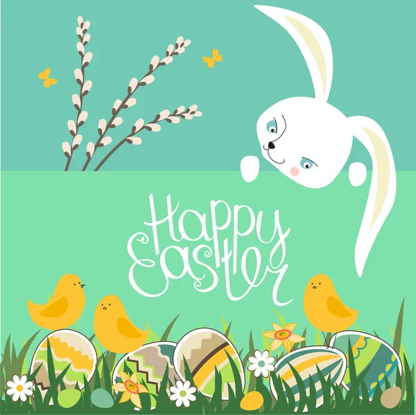 Tarjeta de felicitación de primavera. Frase Feliz Pascua. Huevos pintados, hierba, flores de primavera, conejo y gallinas. Plantilla para su diseño, tarjetas de felicitación festivas, anuncios, carteles . — Vector de stock