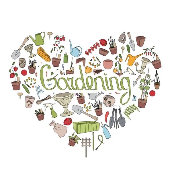 Tuingereedschap. Tekst tuinieren in hart vorm. Hart gemaakt van tuinieren gereedschap, potten, groenten, bloemen, kruiden en zaden. — Stockvector