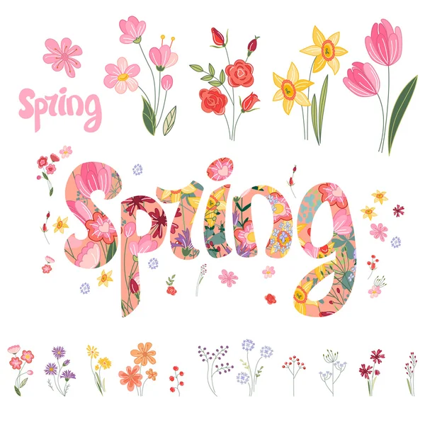 Spring set. Phrase made of flowers, isolated objects. For your design, festive greeting cards,  , posters. — Stock Vector