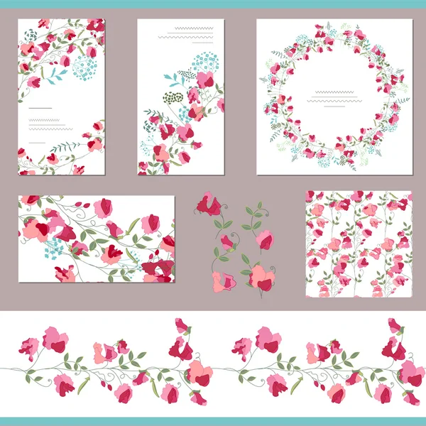 Floral spring templates with sweet peas. Decorative elements, endless pattern brush  and round frame. For romantic and summer design, announcements, greeting cards, posters, advertisement. — Stock Vector