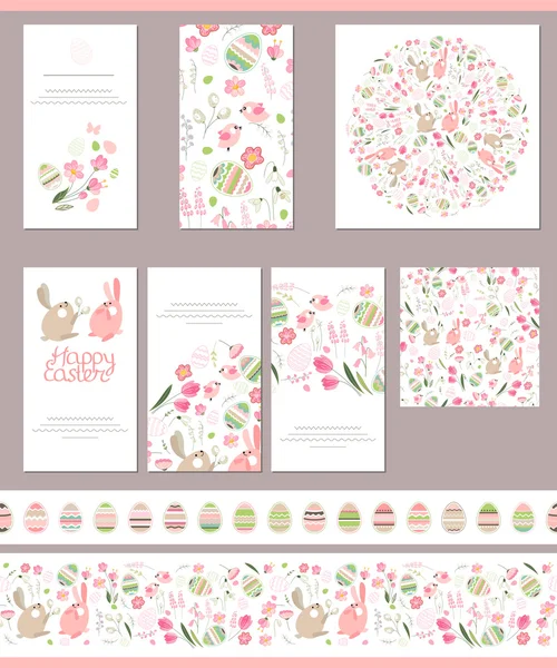 Floral spring templates with cute rabbits and painted eggs. Endless horizontal pattern brush with easter symbols. For easter design, announcements, greeting cards, posters, advertisement. — Διανυσματικό Αρχείο