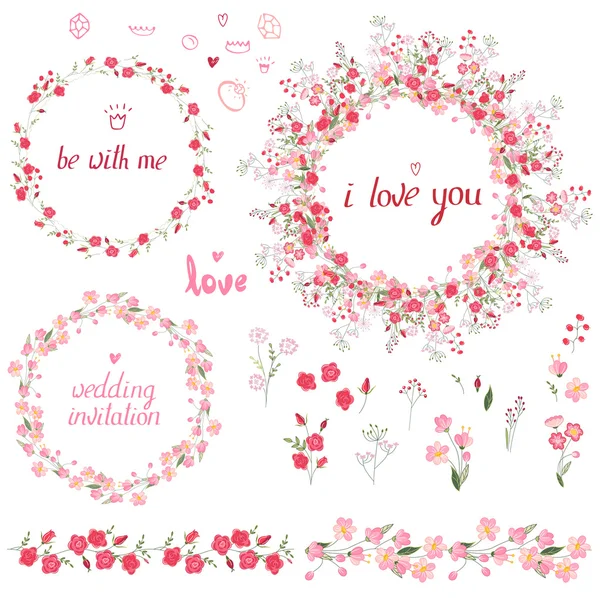 Романтичний набір з квітковими елементами, круглими рамками з троянд, нескінченними пензлями візерунків і фразою, яку я люблю . — стоковий вектор