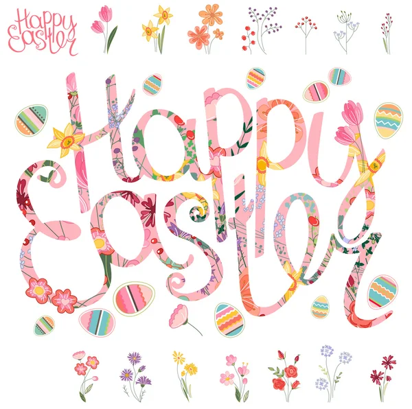 Set de primavera. Frase Feliz Pascua hecha de flores. Huevos pintados, flores de primavera, tulipanes, hierbas. Objetos para su diseño, tarjetas de felicitación festivas, anuncios, carteles . — Vector de stock