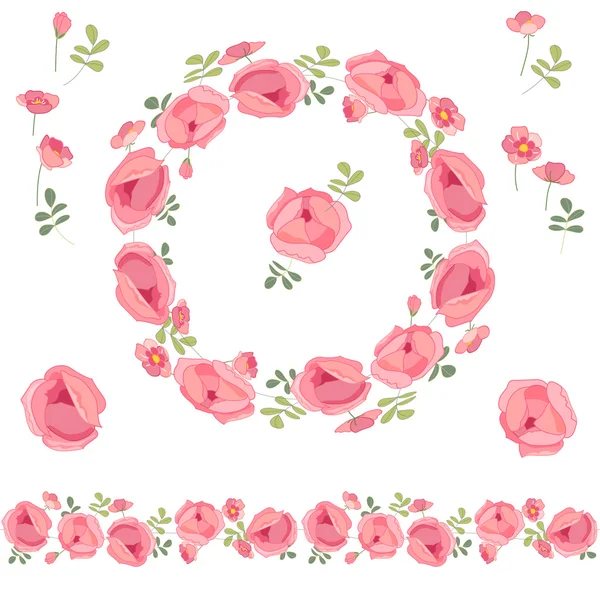 Περίγραμμα στεφάνι με βότανα και τριαντάφυλλα σε λευκό. Στρογγυλό floral καρέ για το σχέδιό σας, ευχετήριες κάρτες, ανακοινώσεις γάμου, αφίσες. Ατέλειωτο οριζόντιο πινέλο μοτίβου. — Διανυσματικό Αρχείο