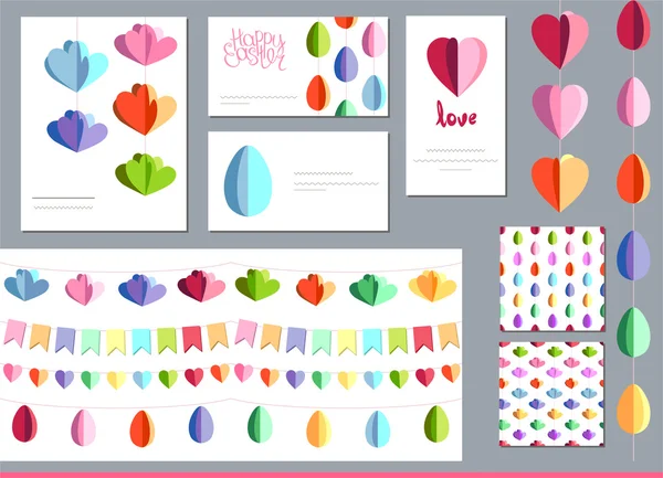 Festive set with hanging  eggs, flowers and hearts cut from paper.  Templates for your design, festive greeting cards,  announcements, posters. Endless pattern brushes. — Stock Vector
