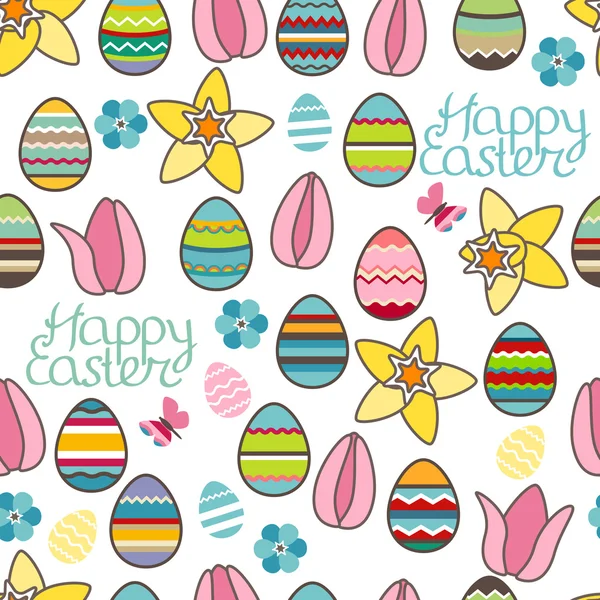 Festive spring seamless pattern. Endless texture with eggs and flowers. For your design, greeting cards,  wrappings, fabrics, announcements. — Stock Vector