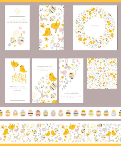 Άνοιξη floral πρότυπα με χαριτωμένο κοτόπουλα και βαμμένα αυγά. Ατελείωτες οριζόντια μοτίβου πινέλου με σύμβολα του Πάσχα. Για το σχεδιασμό του Πάσχα, ανακοινώσεις, ευχετήριες κάρτες, αφίσες, διαφήμιση. — Διανυσματικό Αρχείο
