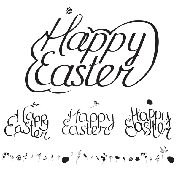 Ensemble de printemps de Pâques. Phrase Joyeuse Pâques, quatre variantes, silhouettes d'œufs et de fleurs. Noir et blanc . — Image vectorielle