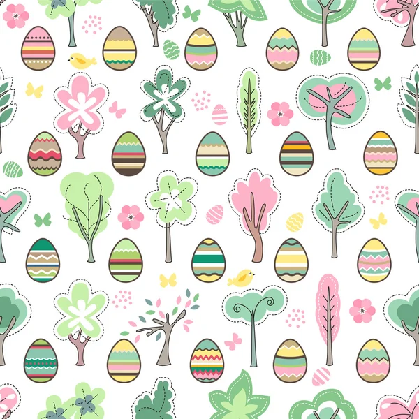 Patrón festivo sin costura primavera. Textura interminable con árboles en flor y huevos pintados. Para su diseño, tarjetas de felicitación, envolturas, telas, anuncios . — Vector de stock