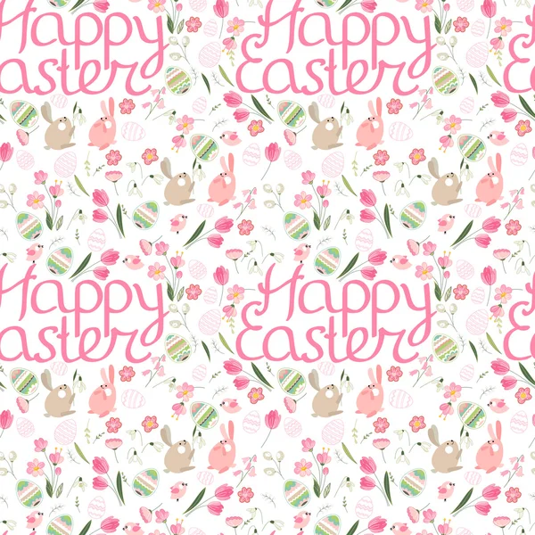 Festlichen Frühling nahtlose Muster. endlose Textur mit Phrase Frohe Ostern. Eier, Frühlingsblumen, Tulpen und Kaninchen bemalt. für Ihr Design, Grußkarten, Verpackungen, Stoffe, Ankündigungen. — Stockvektor