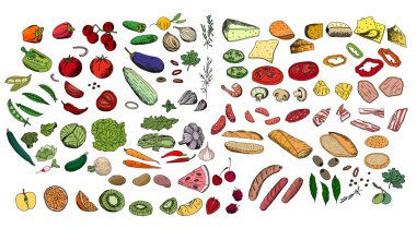 Taze malzemeler - sebze, peynir, mantar, otlar ve et. Beyaz izole nesneleri. Tasarım, Duyurular, kartları, poster, Restoran ve kafe menünüz için.