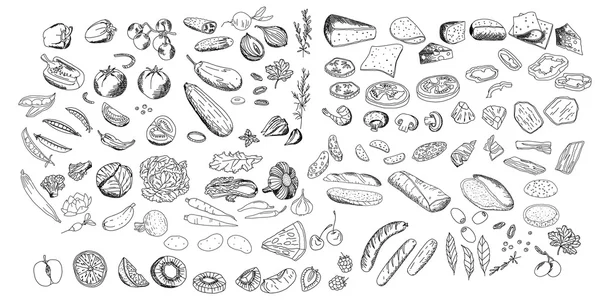 Свіжі інгредієнти - овочі, сир, гриби, трави та м'ясо. Об'єкти ізольовані на білому. Чорно-білий. Для вашого дизайну, оголошень, карт, плакатів, меню ресторану та кафе . — стоковий вектор
