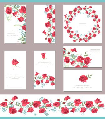 Kırmızı gül sevimli demetleri ile Çiçek bahar şablonları. Sonsuz yatay desen fırçası. Romantik ve paskalya tasarımı, düğün duyuruları, tebrik kartları, posterler, reklam için.