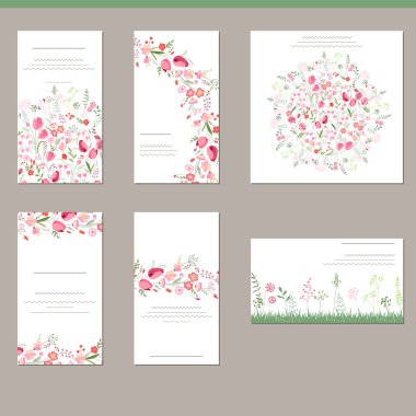 Çiçekli bahar şablonları ve şirin kırmızı laleler. Romantik ve Paskalya tasarımı için duyurular, tebrik kartları, posterler, reklamlar.