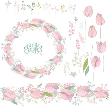 Çiçek yuvarlak çelenk ve sonsuz desen fırça pembe lale yapılmış. Romantik ve paskalya tasarımı, dekorasyon, tebrik kartları, davetiyeler, reklam için Çiçekler. Phrase Mutlu Paskalya