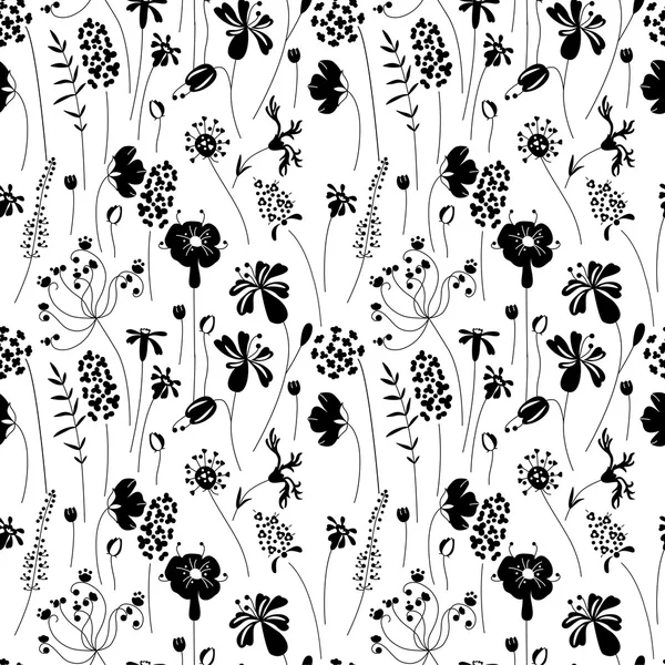 Nahtloses Muster mit stilisierten Kräutern und Pflanzen. Schwarz-weiße Silhouette. Endlose Textur für Ihr Design, romantische Grußkarten, Ankündigungen, Stoffe. — Stockvektor