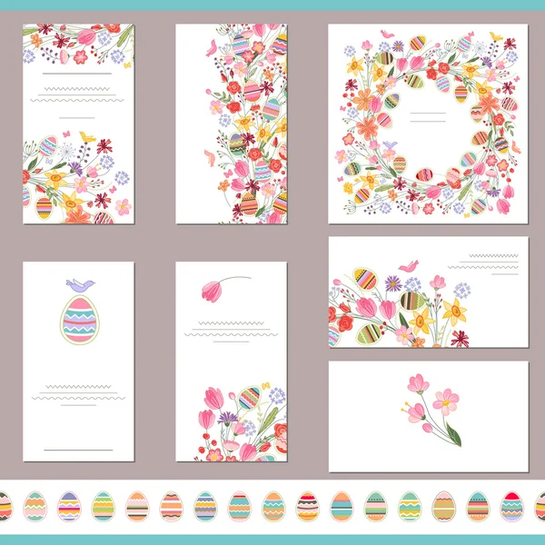 Floral spring templates with cute flowers and painted eggs. Endless horizontal pattern brush with eggs. For romantic and easter design, announcements, greeting cards, posters, advertisement. — Διανυσματικό Αρχείο