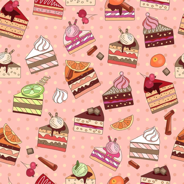 Seamless pattern with fruit cake slices. Different taste and color. — 스톡 벡터