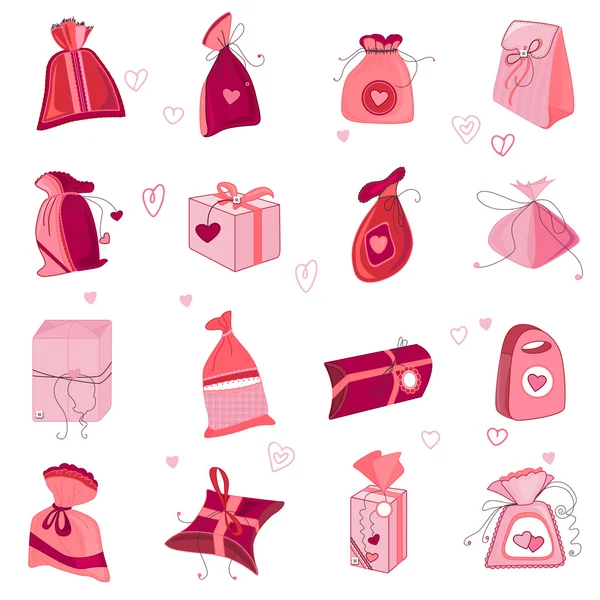 Colección con cajas de regalo de San Valentín aisladas en blanco. Colores rosa y rojo . — Vector de stock