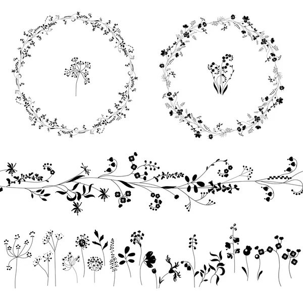Escova de padrão infinito floral feita de plantas diferentes. Flores para design romântico, decoração, cartões de felicitações, cartazes, convites de casamento, publicidade. Molduras redondas —  Vetores de Stock