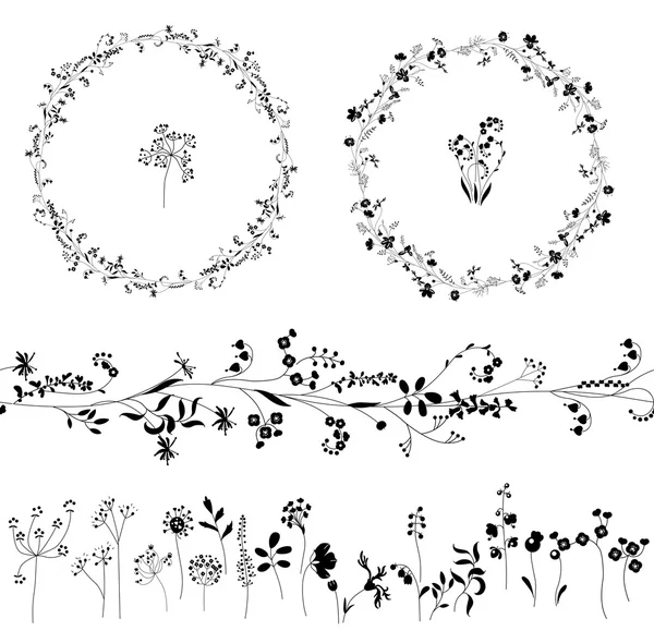 Kwiatowa niekończąca się szczotka do wzorów wykonanych z różnych roślin. Kwiaty dla romantycznego projektowania, dekoracji, kartki okolicznościowe, plakaty, zaproszenia ślubne, reklama. Okrągłe ramy — Wektor stockowy