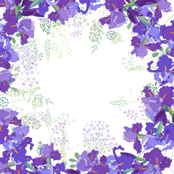 Square frame with contour  violet irises and herbs on white. Floral pattern for your wedding design, floral greeting cards, posters. — 스톡 벡터