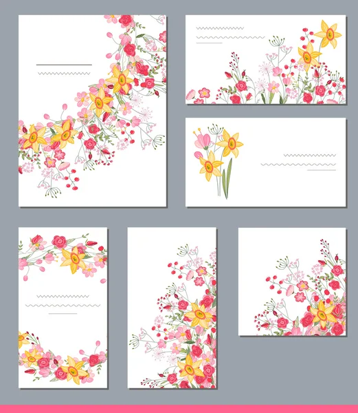 Floral spring templates with cute bunches of spring flowers. For romantic and easter design, announcements, greeting cards, posters, advertisement. — Stock Vector