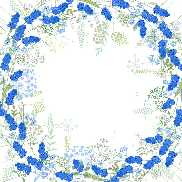 輪郭を描いたマスカリとハーブをホワイトにした正方形のフレーム。あなたの春のデザイン、花のグリーティングカード、ポスターのための花のパターン. — ストックベクタ
