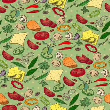 Farklı sebze, peynir ve et ile dikişsiz desen. Tasarım, duyurular, kumaşlar, kartlar, posterler, restoran ve kafe menü için sonsuz doku.