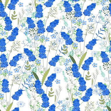 Stilize sevimli mavi muscari ile Seamless modeli. Tasarım, tebrik kartları, Duyurular, posterler için sonsuz doku.