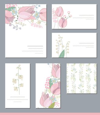 Şirin pembe laleler ve yabani çiçeklerle süslü çiçek şablonları. Romantik, ilkbahar ve Paskalya tasarımı, duyurular, tebrik kartları, posterler, reklamlar için.