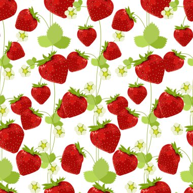 Kırmızı çilekten yapılmış dikişsiz desen. Yaz tasarımı, dekorasyon, tebrik kartları, posterler, davetiyeler, reklam için sonsuz doku.
