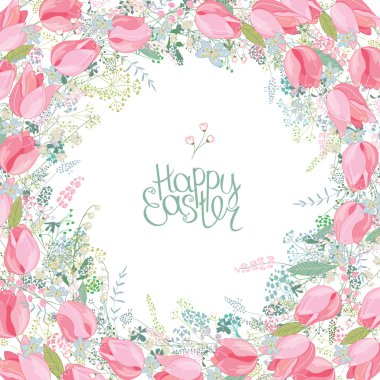 Stilize otlar ve pembe laleler ile Çiçek kare tebrik kartı. Phrase Mutlu Paskalya.