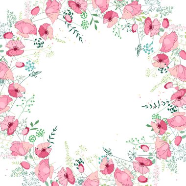Floral abstract square template with stylized herbs and pink poppies.  Silhouette of plants.