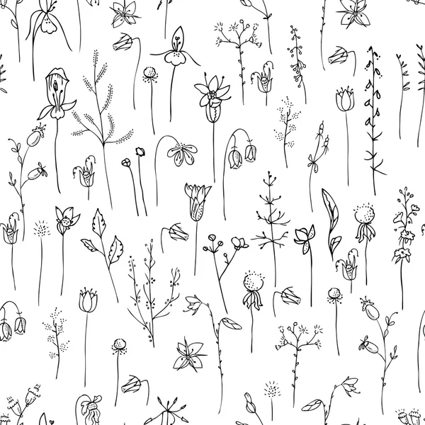 Stilize otlar ve bitkiler ile Seamless modeli. Siyah ve beyaz siluet. Sonsuz doku tasarım, romantik tebrik kartları, Duyurular, kumaşlar için.