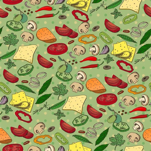 Farklı sebze, peynir ve et ile dikişsiz desen. Tasarım, duyurular, kumaşlar, kartlar, posterler, restoran ve kafe menü için sonsuz doku.