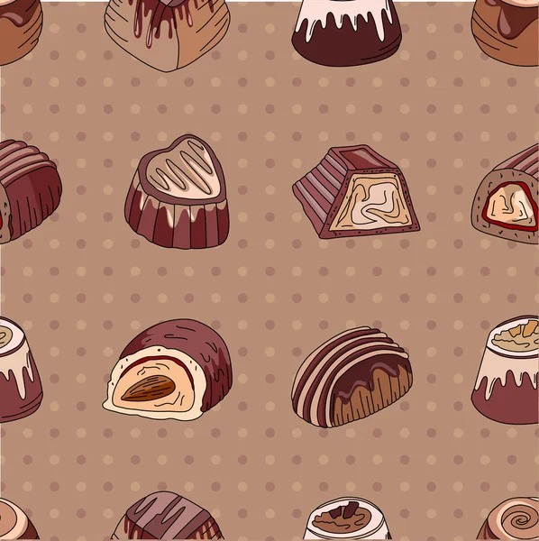 Naadloos patroon met verschillende soorten chocolade snoepjes-melk, donkere, witte chocolade. Vintage stijl. Eindeloze textuur voor uw ontwerp, aankondigingen, kaarten, posters, restaurant menu. — Stockvector