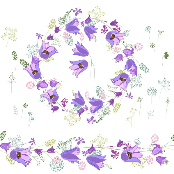 Γύρος πλαισίων με περίγραμμα μπλε λουλούδια στο λευκό. Ατελείωτες οριζόντια μοτίβου πινέλου — Διανυσματικό Αρχείο